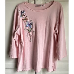 Quaker Factory Pink T Shirt Top‎ Womens Large Fun Dangle Flower  3/4 Sleeve